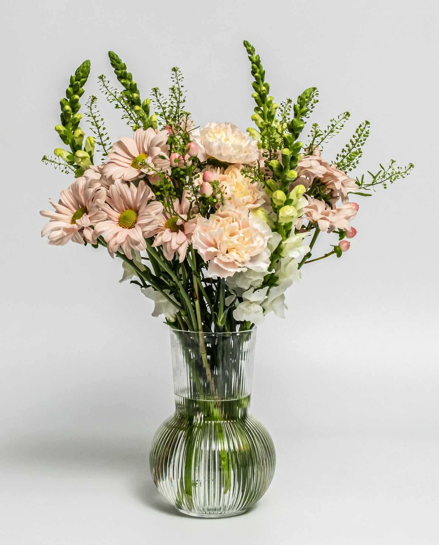 Soft blush and cream flower arrangement with daisies, carnations, and snapdragons in a ribbed glass vase – handcrafted daily by Rainbow Floral Toronto.